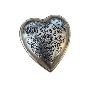 Vintage Kelt Sterling Silver Heart Brooch Floral Design France C1930s 1 1/8"